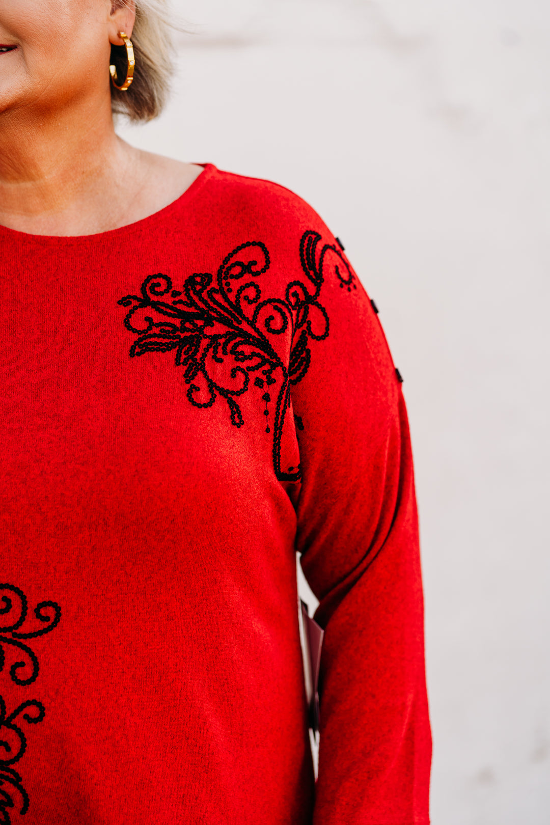 Multiples: Dolman 3/4 Sleeve Wide Neck Button Shoulder Solid Dyed Hatchi with Sequin Print Top M44304TM - 640 Vivid Red