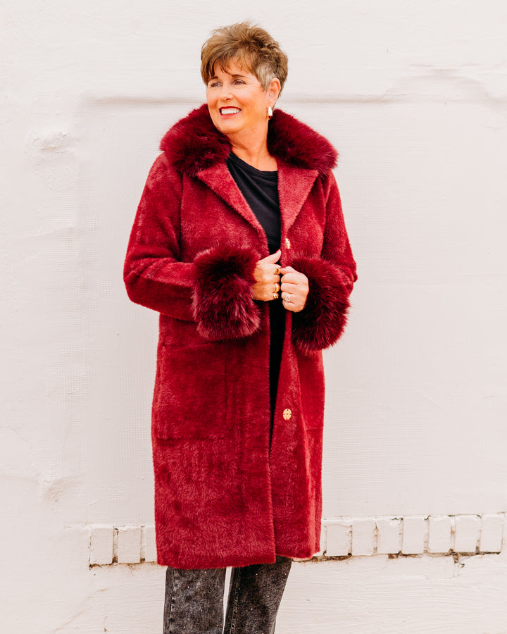 Joseph Ribkoff: Feather Yarn and Faux Fur Sweater Coat in Merlot (243923F25)