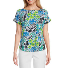Load image into Gallery viewer, Multiples: Short Sleeve Dolman Faux Button Back Hi-Lo Print Slub Knit Top in Multi Floral M24104TM
