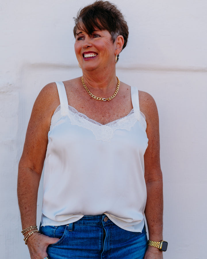 Liverpool: Woven Tank W/ Lace Trim in Whipped Cream