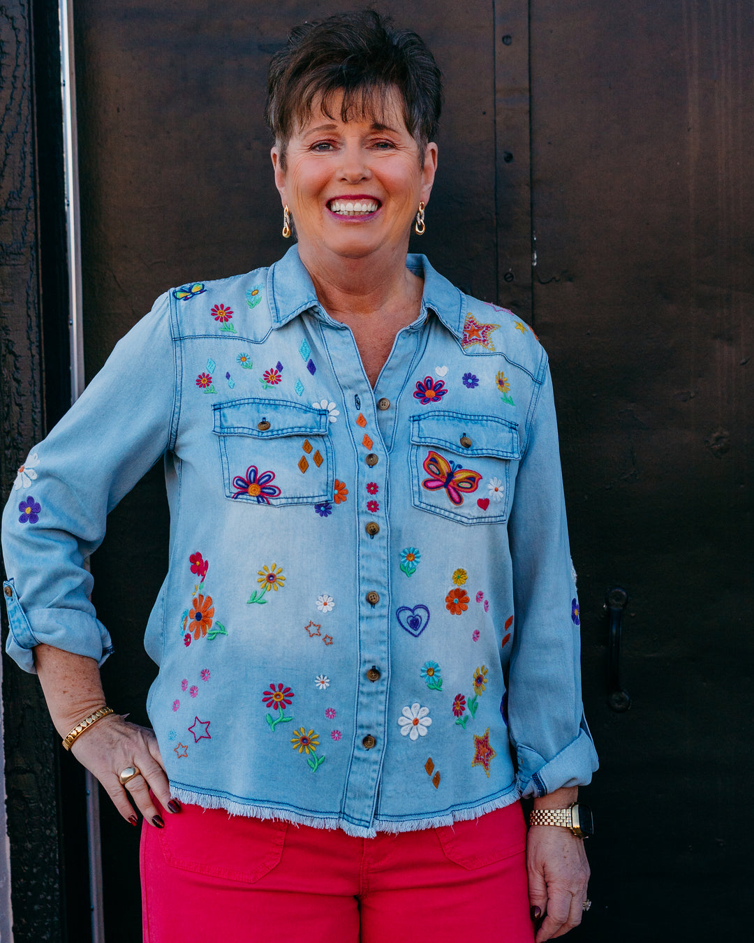 John Mark: Embroidered Blouse with Front Pockets & Roll Tab Sleeves in Multi (J16340BM) - The Vogue Boutique