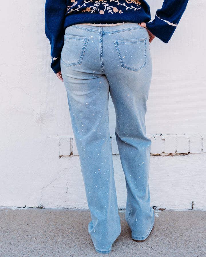 Joseph Ribkoff: Light Blue Denim Classic Wide Leg Stretch Jeans with Crystals Style 252916