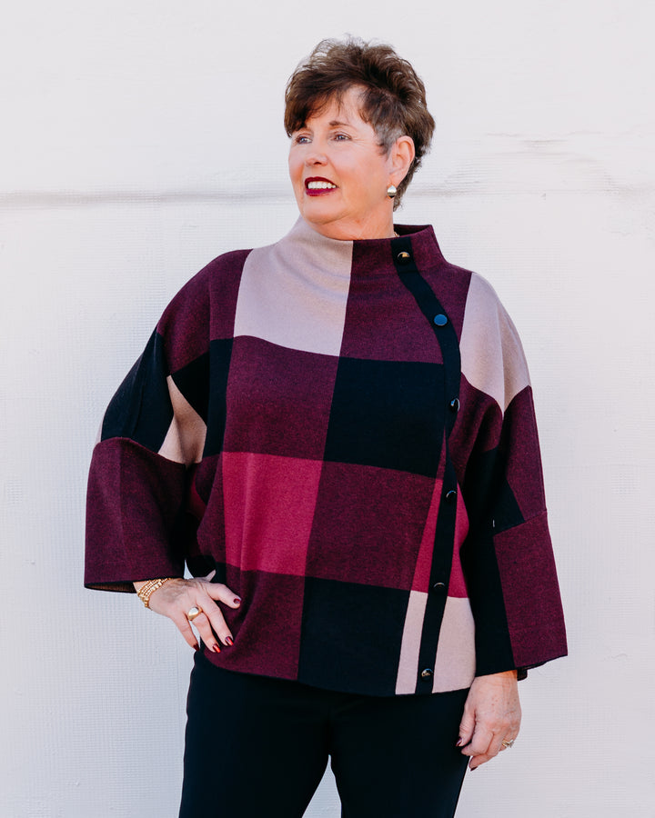 Joseph Ribkoff: Plaid Jacquard Sweater Knit Top in Merlot/Multi (243948F25)