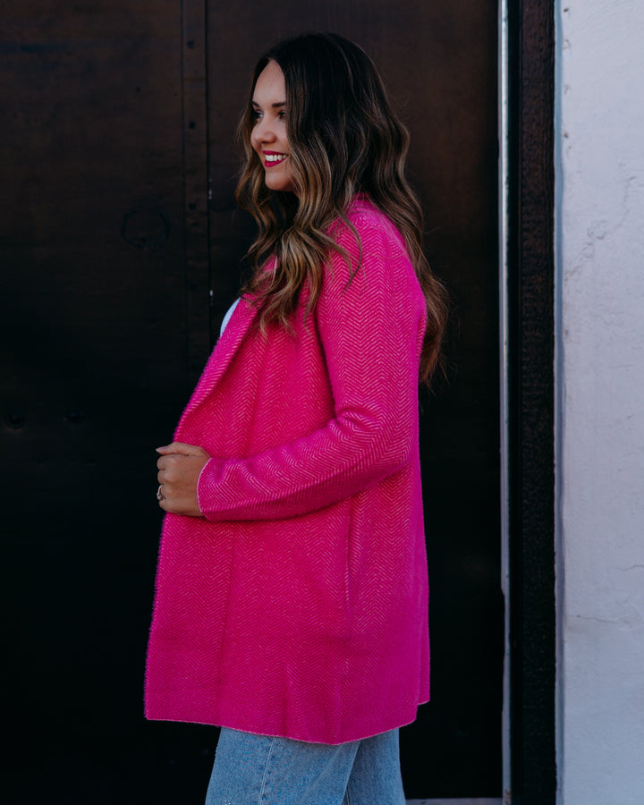 Liverpool: Long Sleeve Open Front Sweater Coat in Deep Raspberry