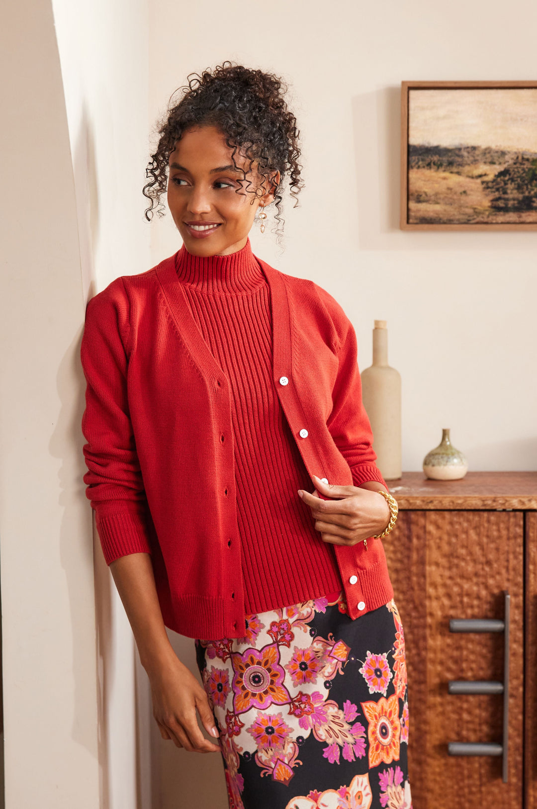 Karen Kane: V-Neck Cardigan Sweater in Tomato