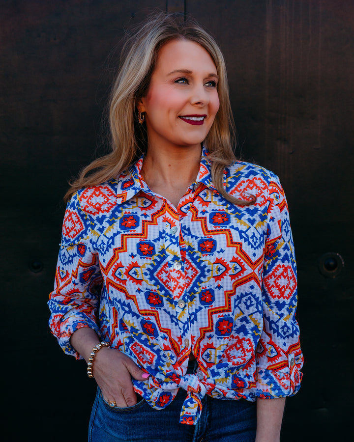 Multiples: Roll Tab Long Sleeve Button Front Hi-Lo Shirt in Multi (M26505BM) - The Vogue Boutique