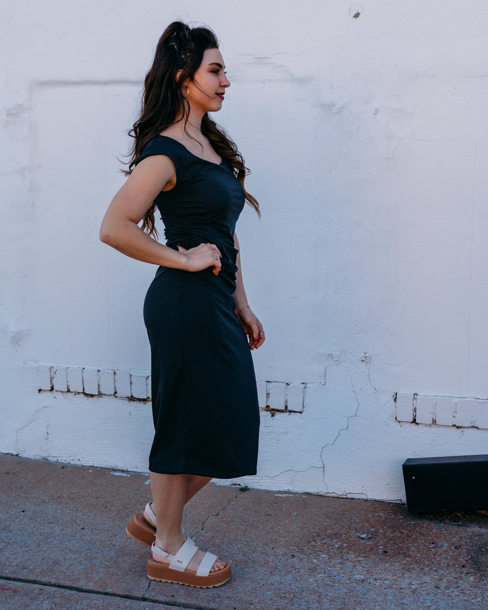 Spanx: Smooth Jersey Scoop Neck Ruched Midi Dress in Classic Black (22369R) - The Vogue Boutique