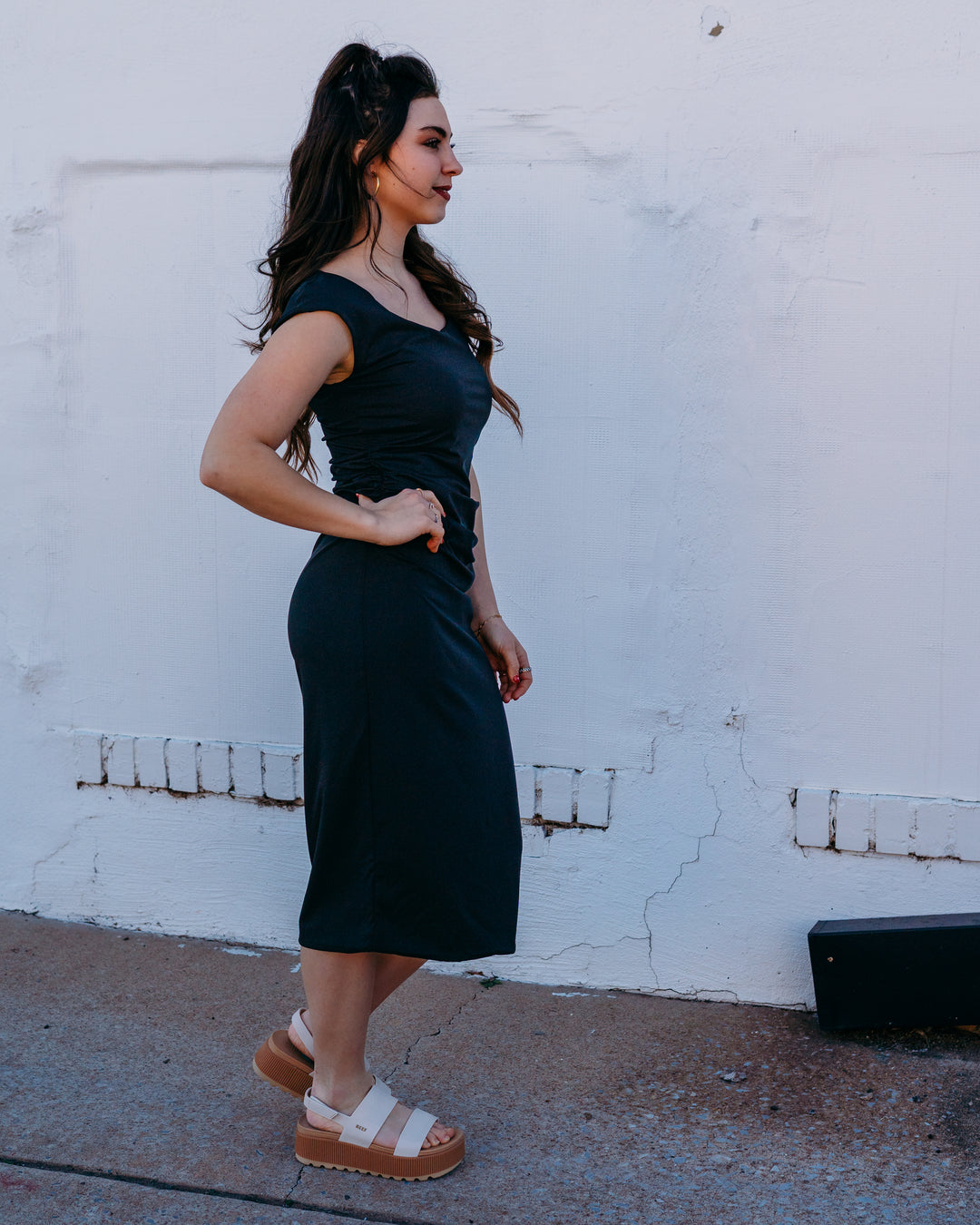 Spanx: Smooth Jersey Scoop Neck Ruched Midi Dress in Classic Black (22369R) - The Vogue Boutique