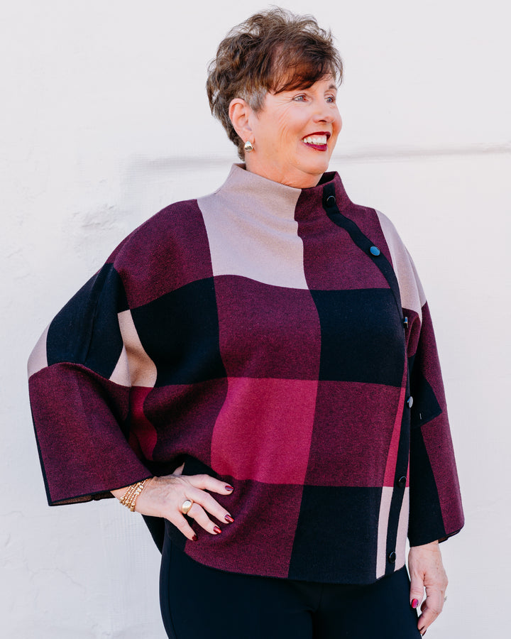 Joseph Ribkoff: Plaid Jacquard Sweater Knit Top in Merlot/Multi (243948F25)