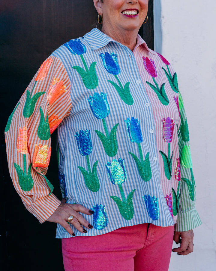 Queen Of Sparkles: Striped Sequin Tulip Button Up Long Sleeve Top in multi (SP26193) - The Vogue Boutique