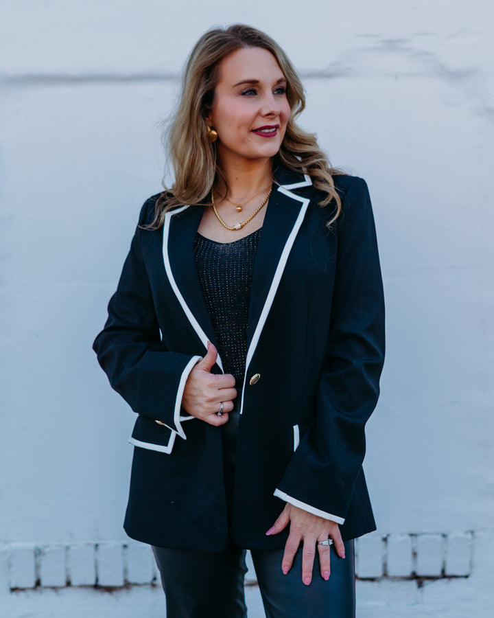 Karen Kane: Contrast ponte Knit Blazer in Black/Cream