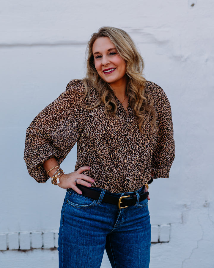 Jodifl: Leopard Long Sleeve Blouse in Taupe