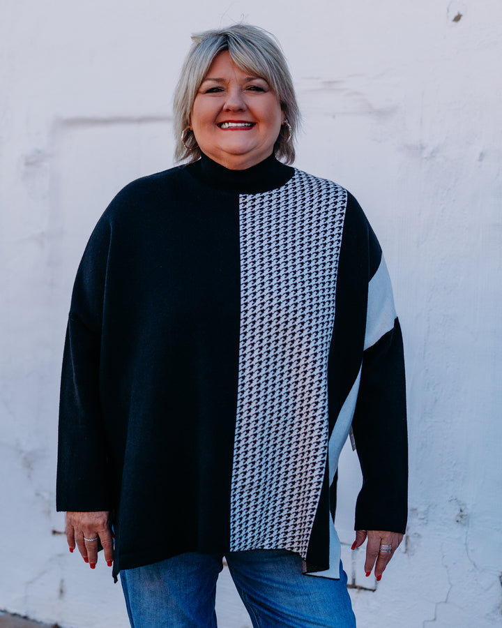 Multiples: (Merry & Bright) Drop Shoulder Mock Neck Knit Top Black/white M45608KM