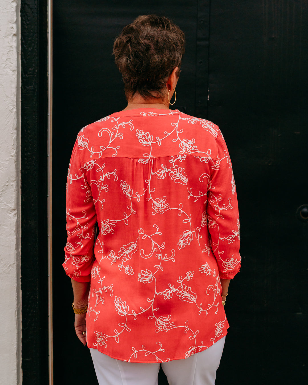 Multiples: Roll Tab Sleeve Button Front Shirt in Coral Pink (M26606BM)