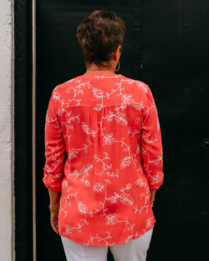 Multiples: Roll Tab Sleeve Button Front Shirt in Coral Pink (M26606BM)