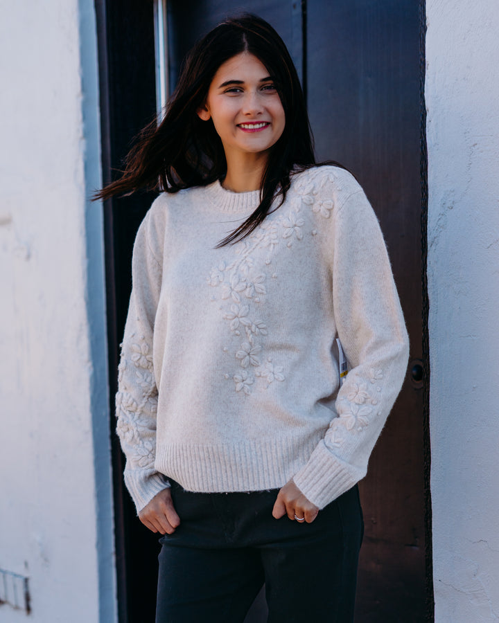 Karen Kane: Hand Embroidered Sweater in Light Oatmeal (4L89207)