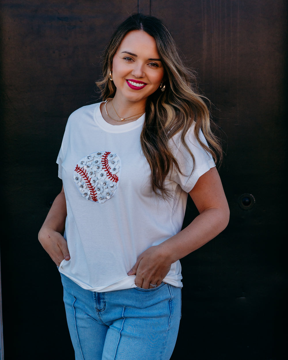 Queen Of Sparkles: White Flower Baseball Tee in White (SP26235) - The Vogue Boutique