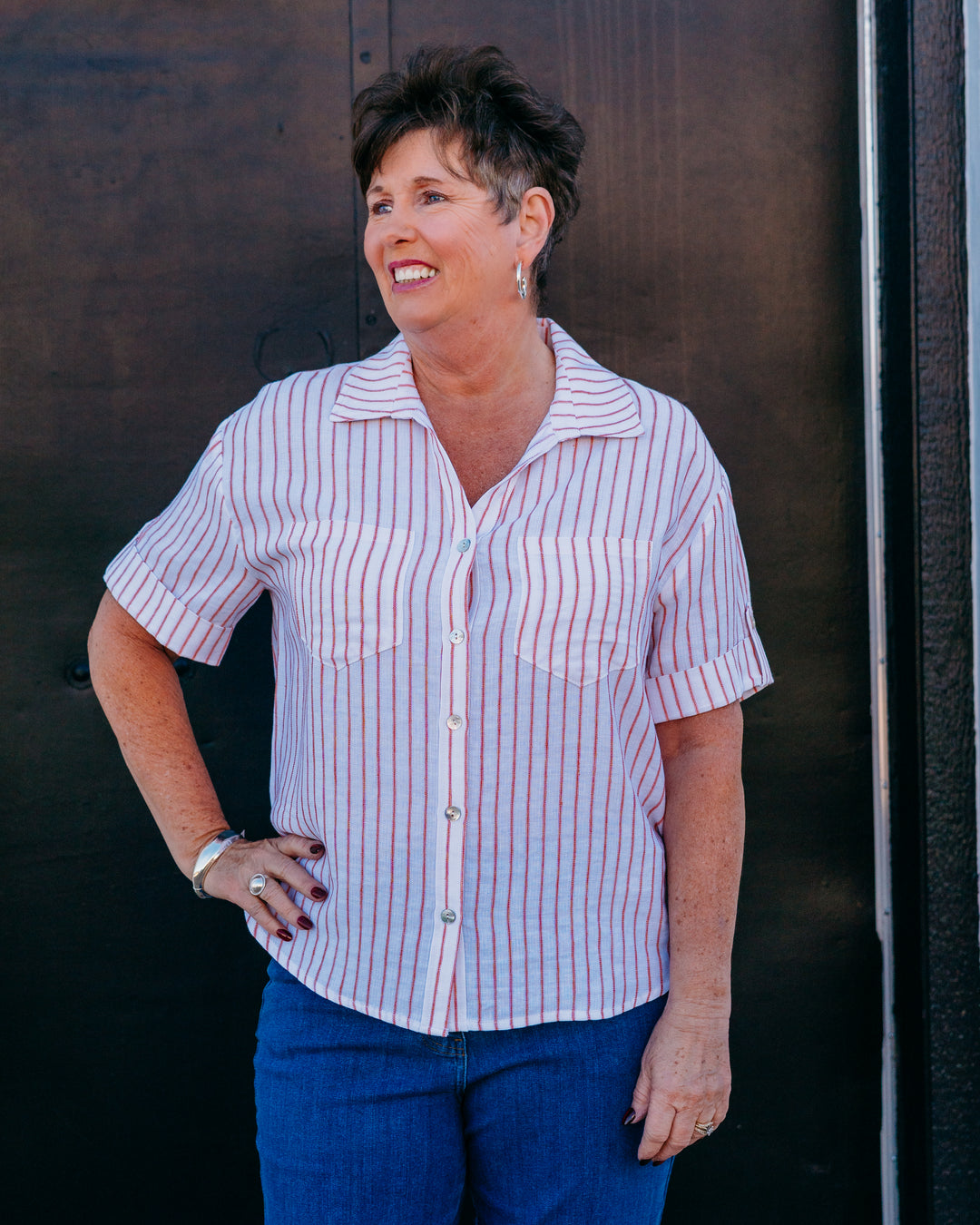 Multiples: Tab Cuff S/S 2-Pkt Johnny Collar Y-Nk Btn Frt Shirt in International Orange (M26501BM) - The Vogue Boutique