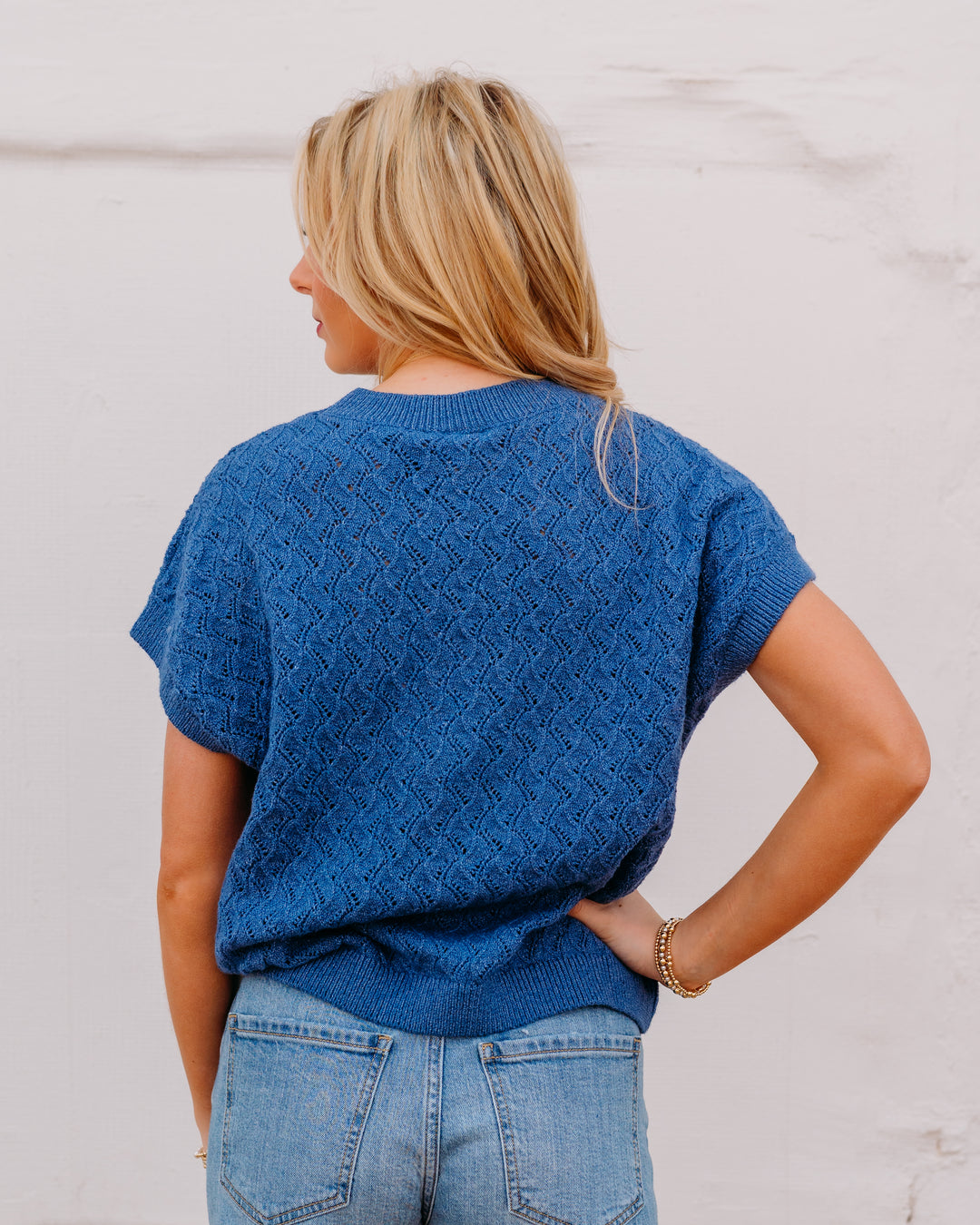 Varley: Manae Pointelle Knit Top in Bijou Blue (VAR03190) - The Vogue Boutique