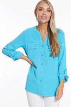 Load image into Gallery viewer, Multiples: 3/4 Sleeve Band Collar Button Crinkle Woven Shirt in Ocean M24106BM
