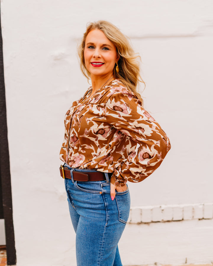 Kut: Isley Long Sleeve Shirt With Neck Ruffles in Mocha and Mauve