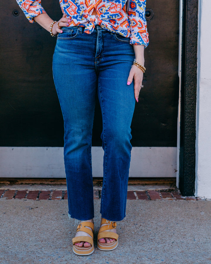 Good American: Soft Tech Good Legs Cropped Mini Boot Jean in Indigo