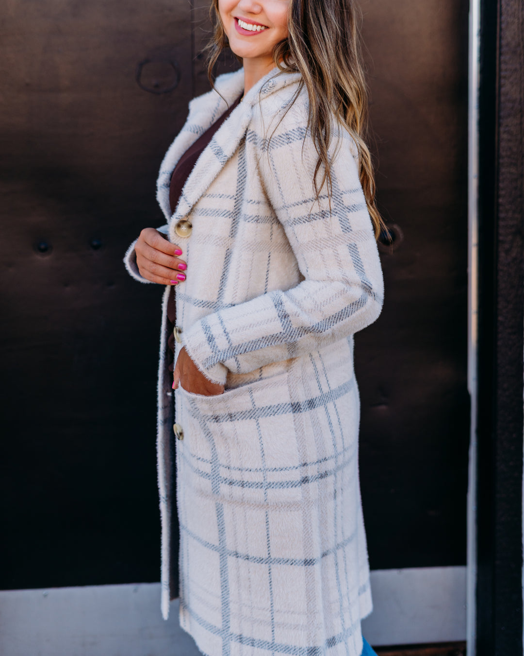 Charlie B: Plaid Knit Jacket in Ivory