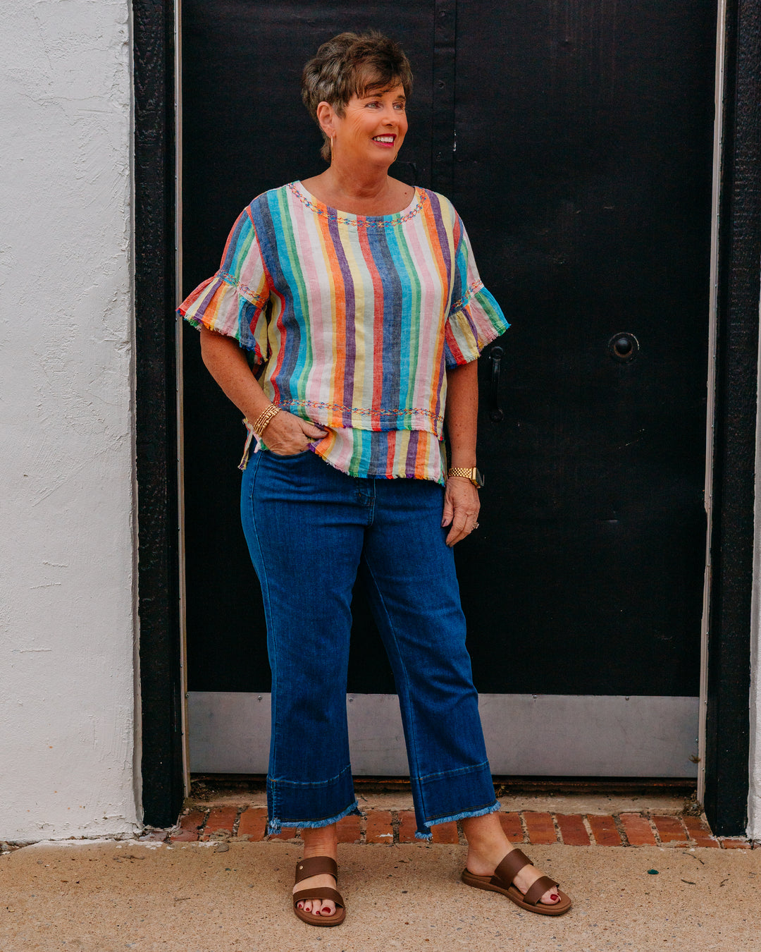 John Mark: Stripe Pull on Top With Flounce Sleeves & Embroiled (J26439TM) - The Vogue Boutique