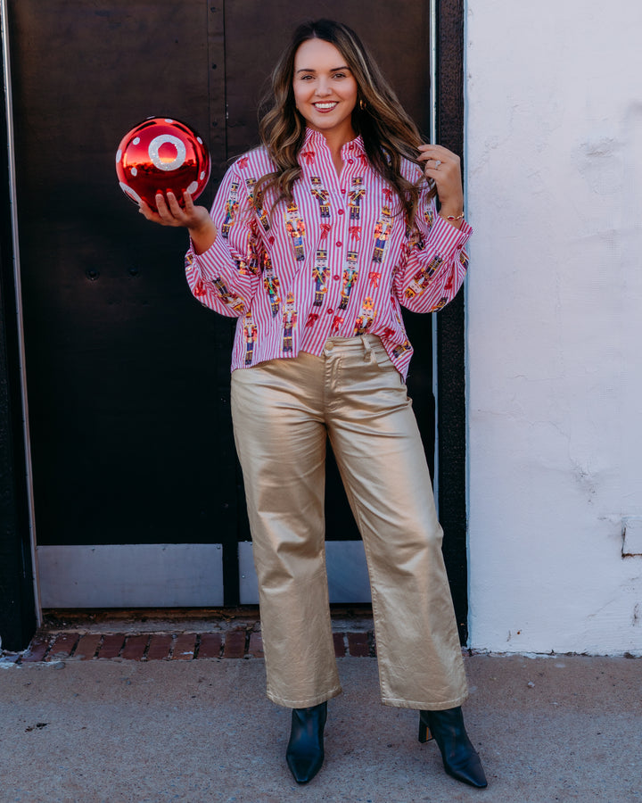 Queen Of Sparkles: Red Stripe Scattered Nutcracker & Bow Cotton Button Up Top