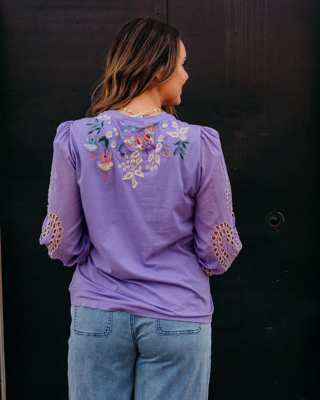 Johnny Was: 3/4 Sleeve Mixed Media Tee in Arva in Paisley Purple (J11026)