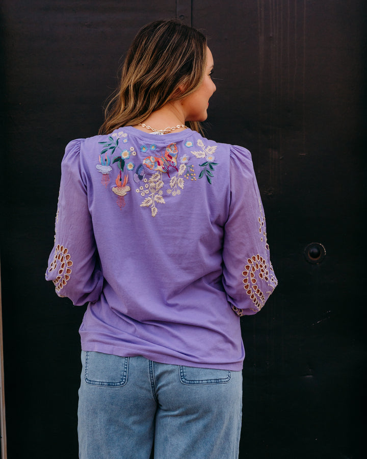 Johnny Was: 3/4 Sleeve Mixed Media Tee in Arva in Paisley Purple (J11026)