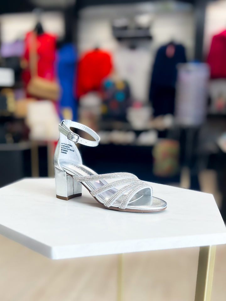 Steve Madden: Kids Haze Embellished Strappy Ankle Wrap Dress Sandals in Silver