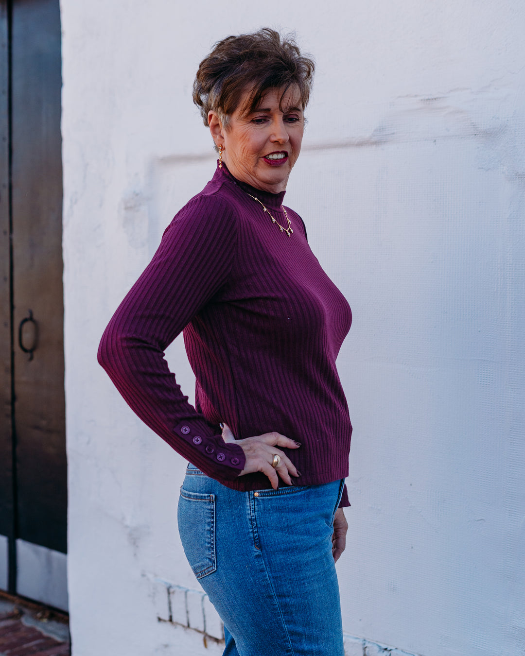 Liverpool: Long Sleeve Mock Neck Top with Button Detail in Wine Berry