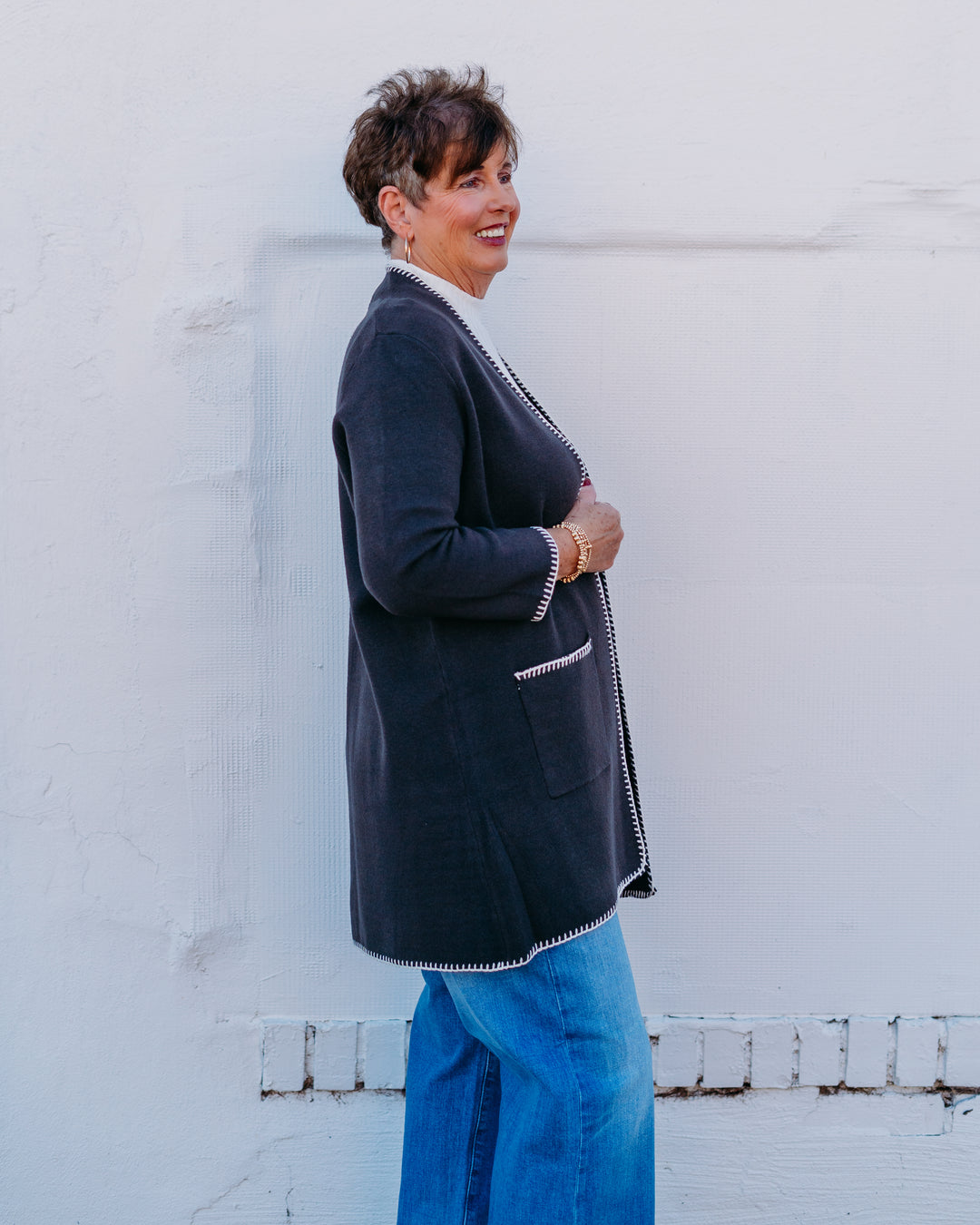 Multiples: 3/4 Sleeve Drop Shoulder Long Knit Cardigan in Heather Grey (M45201KM)(Crimson Tide)