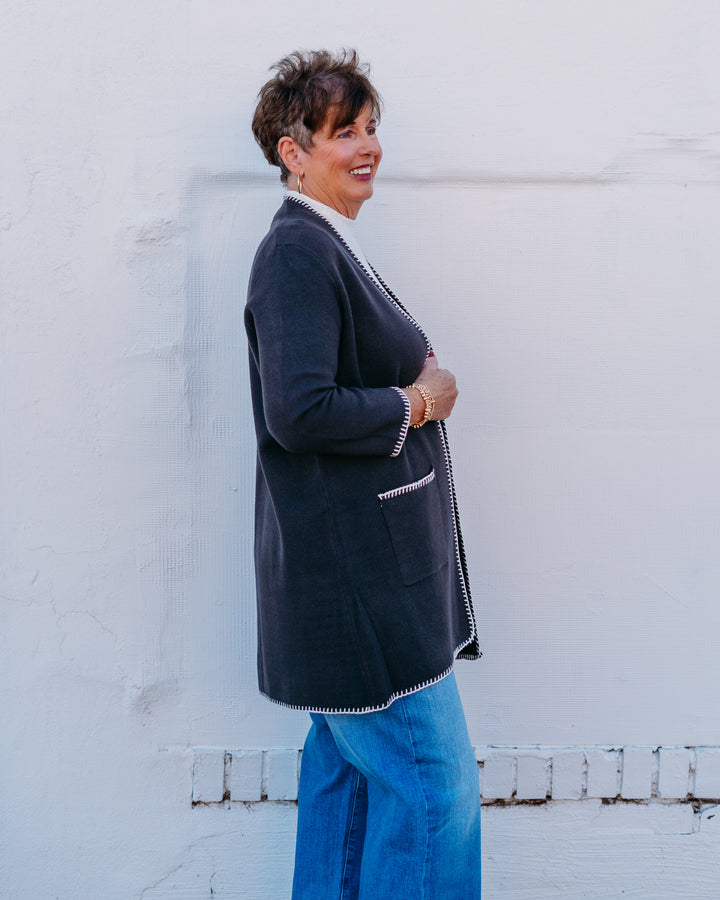 Multiples: 3/4 Sleeve Drop Shoulder Long Knit Cardigan in Heather Grey (M45201KM)(Crimson Tide)