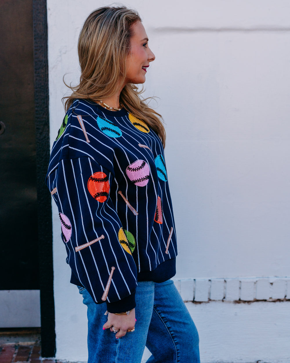 Queen Of Sparkles: Striped Multi Baseball & Bat Sweatshirt in Multi (SP26317) - The Vogue Boutique