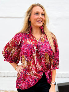 Jade: Safari High Neck Puff Sleeve Top in Pink