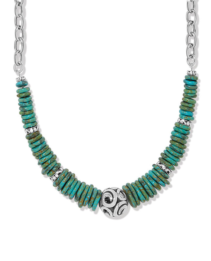 Brighton JM0251 necklace featuring turquoise disc beads with ornate silver chain and centerpiece