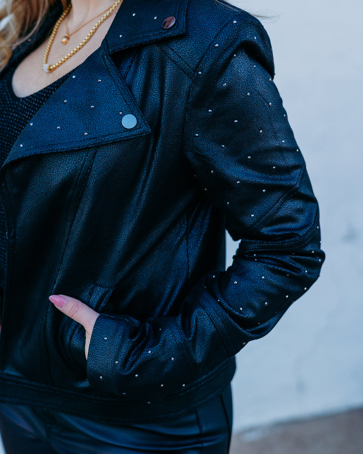 Joseph Ribkoff: Foiled Faux Suede Fitted Jacket with Rhinestones in Black (254904)