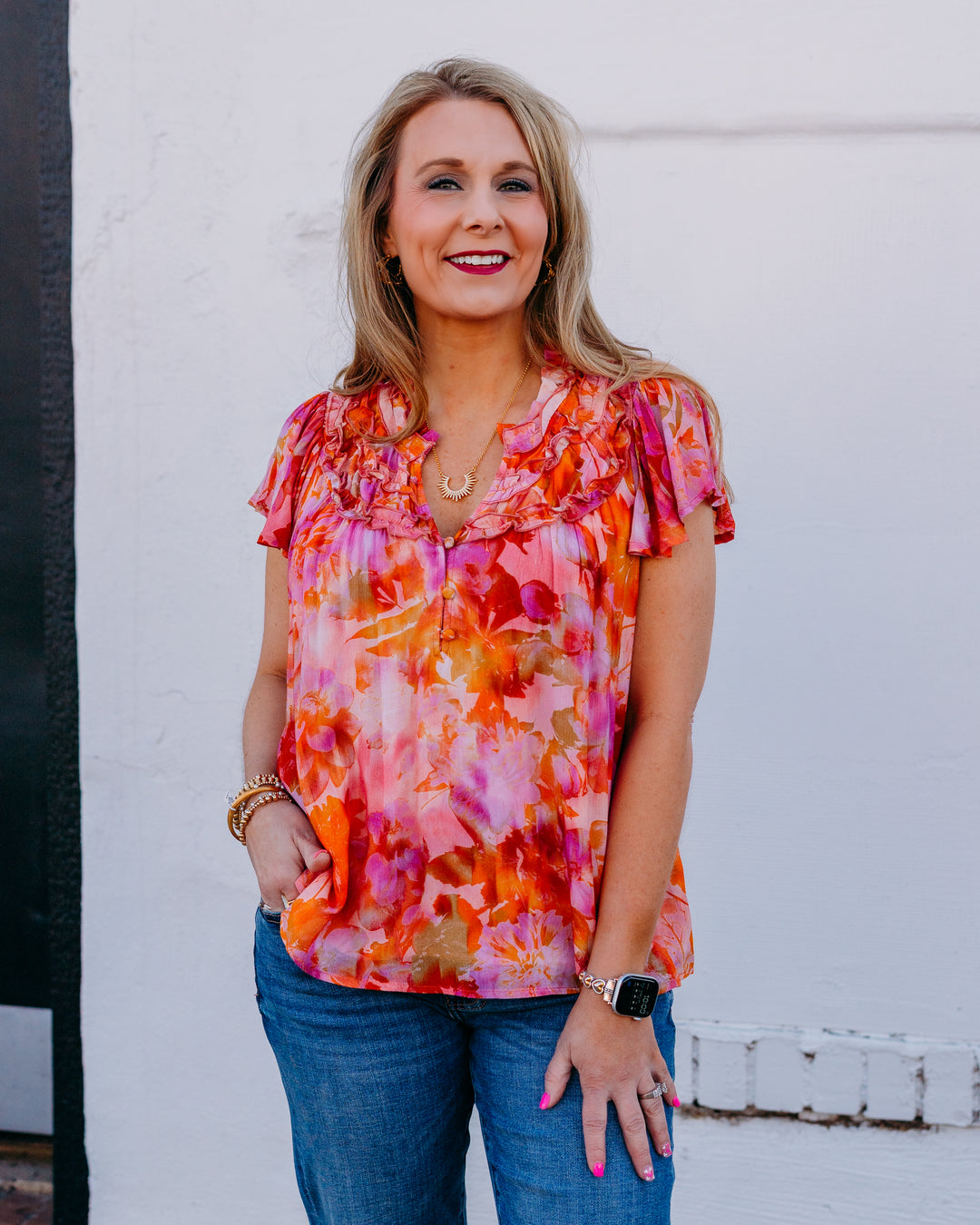 Liverpool: Flutter Sleeve Popover Woven Blouse W/ Ruffle in Orang/ Pink Mlt - The Vogue Boutique