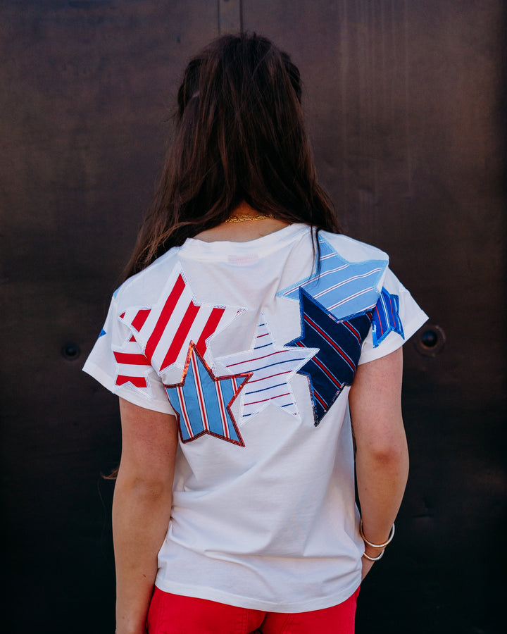 Queen Of Sparkles: White USA Stripe Patch Stars Tee in White (SUM26292)