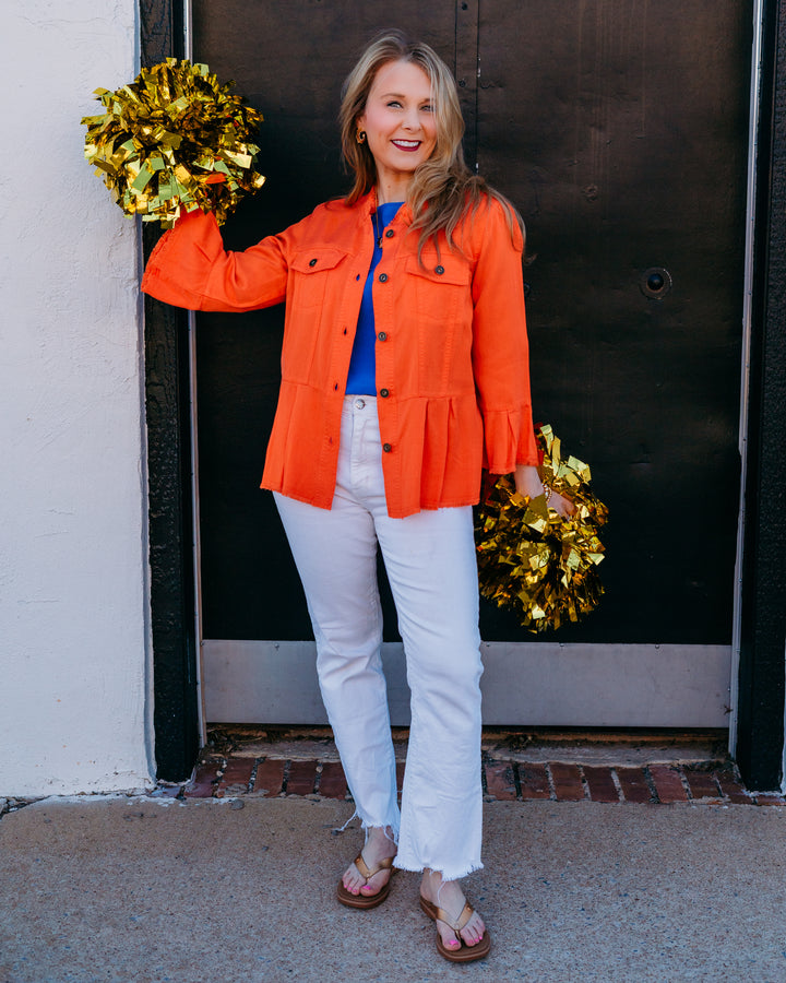 Multiples: 3/4 Flounce Slv 2-Pocket Button Front Peplum Jacket in International Orange (M26510JM) - The Vogue Boutique