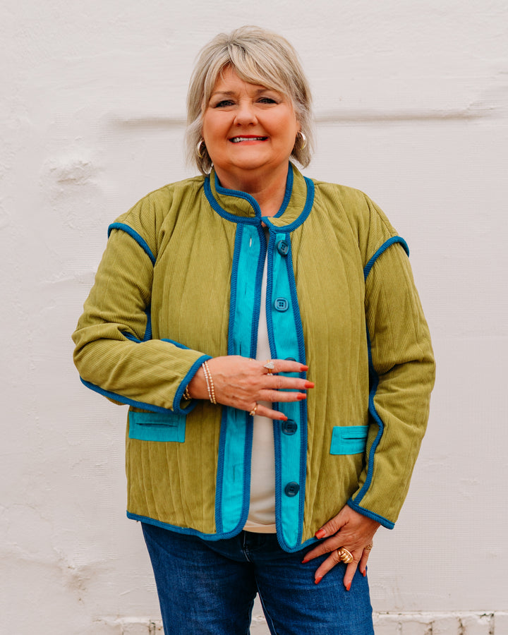 Multiples: Stand Collar Button Quilted Solid Cord Lined in Multi (M45405JM)