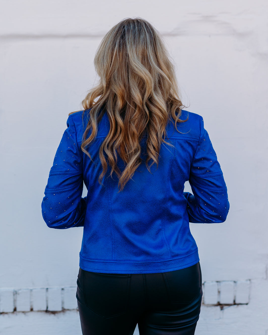 Joseph Ribkoff: Foiled Faux Suede Fitted Jacket with Rhinestones in Royal Sapphire