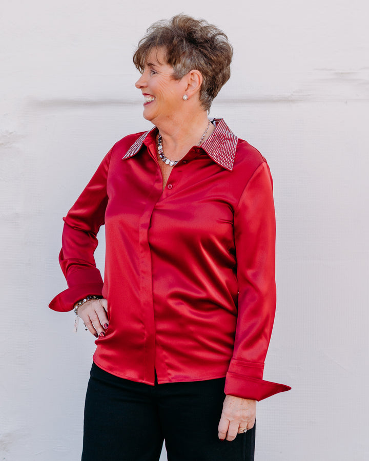 Joseph Ribkoff: Satin Button-Front Blouse with Embellished Collar in Deep Cherry (254926)