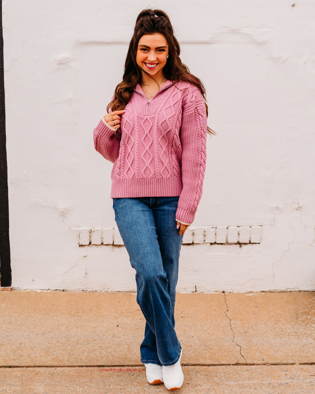 Varley: Didi Relaxed Cable Half Zip in Mauve Orchid