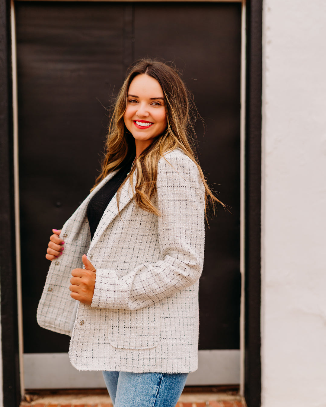 Karen Kane: Tweed Blazer in Black/Off White