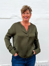 Load image into Gallery viewer, Glam: V-Neck Satin Top in Olive
