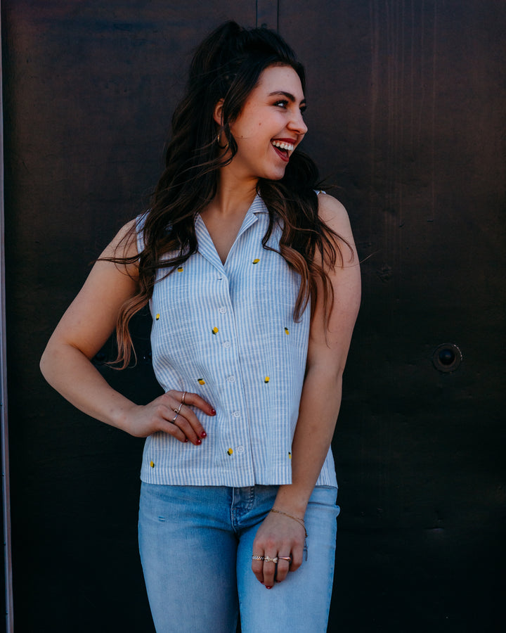 Thread & Supply: Elowyn Top in Blue Stripe Lemon (T4503RLTS)