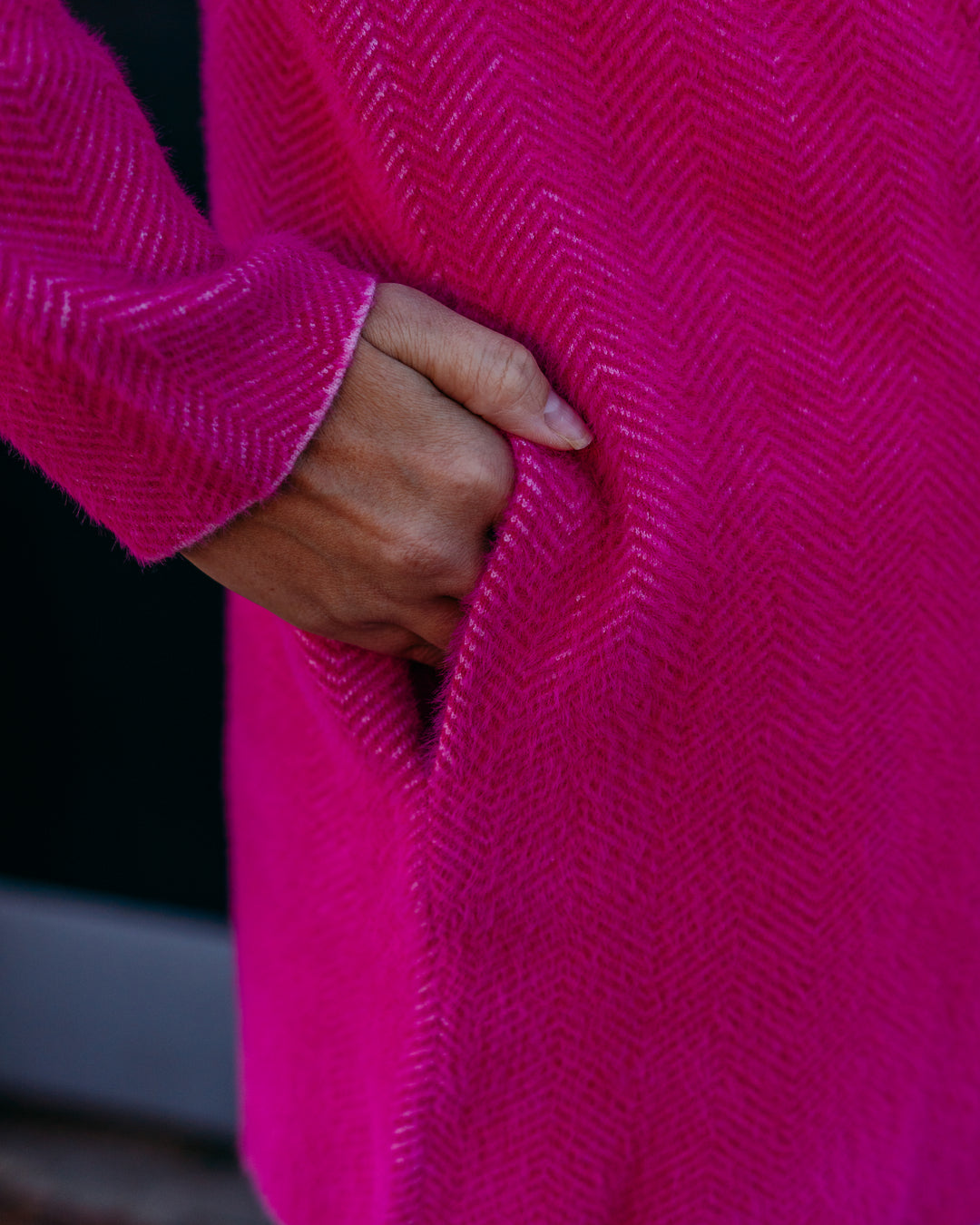 Liverpool: Long Sleeve Open Front Sweater Coat in Deep Raspberry